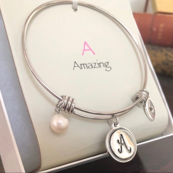 A Amazing / Initial Pearl Silver Adjustable Charm Bangle by Unwritten - Picture 2 of 13